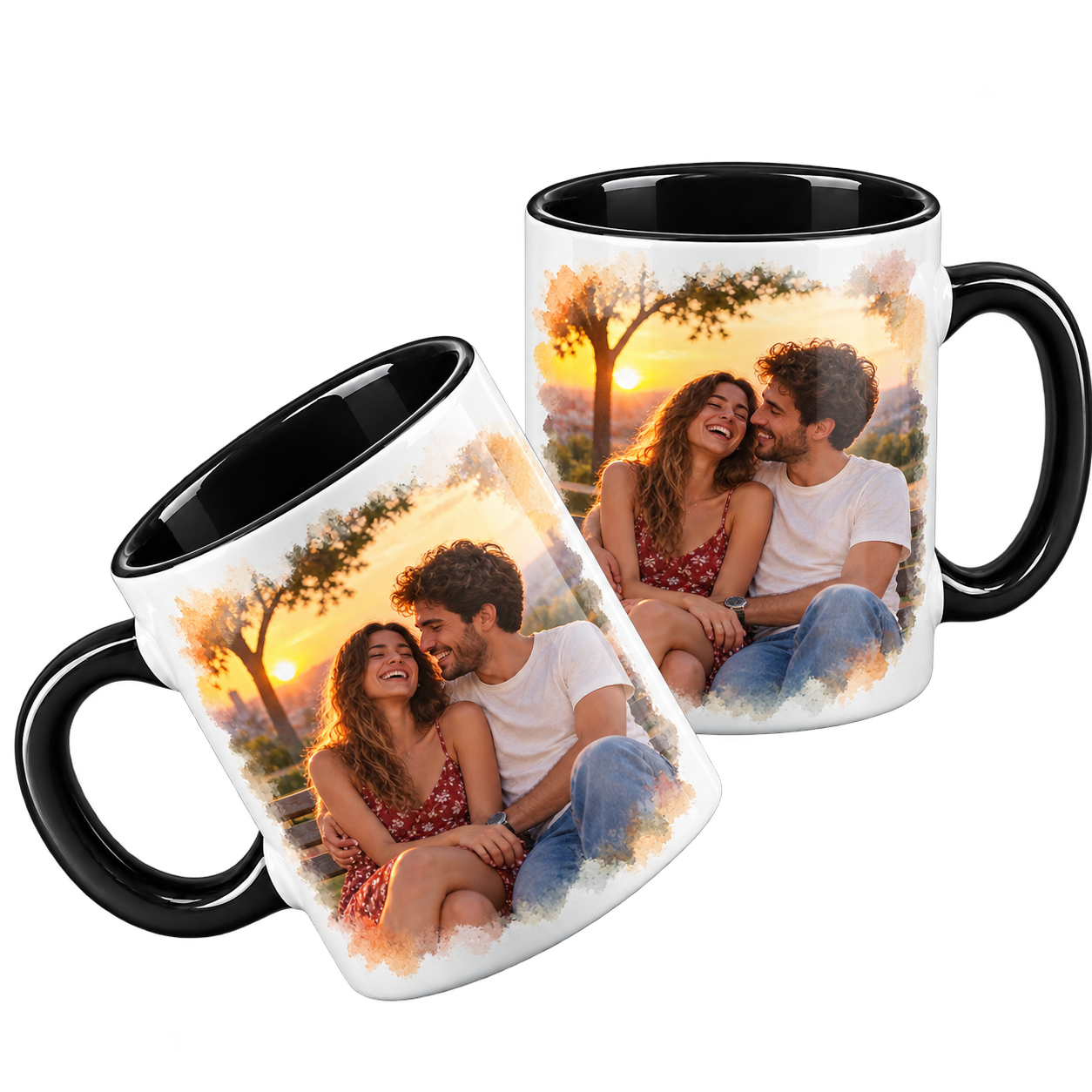 Tazas bicolores con interior y asa negros e impresión de fotografía real de pareja al atardecer